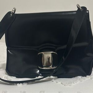 Black Salvatore Ferragaus pattern, leather Shoulder Bag with Silver Accents